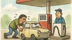 Vtip: Spotený vodič tlačí trabanta na pumpu